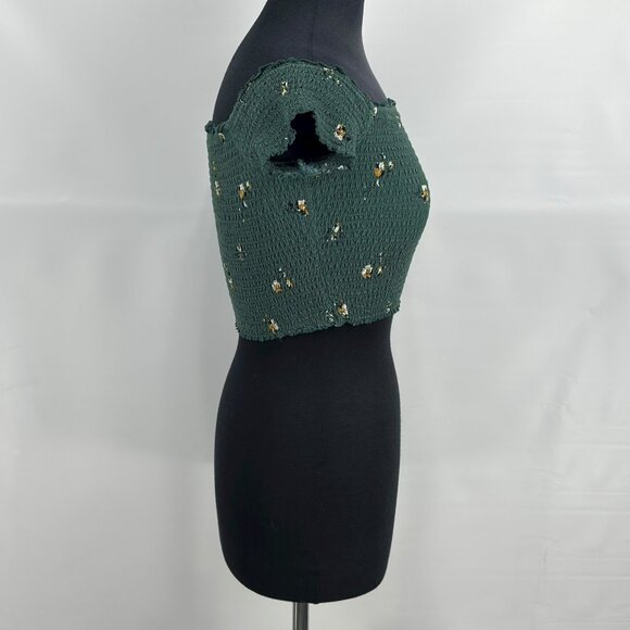 Abercrombie & Fitch green floral smocked puff sleeve crop top square neck size S - Picture 3 of 8